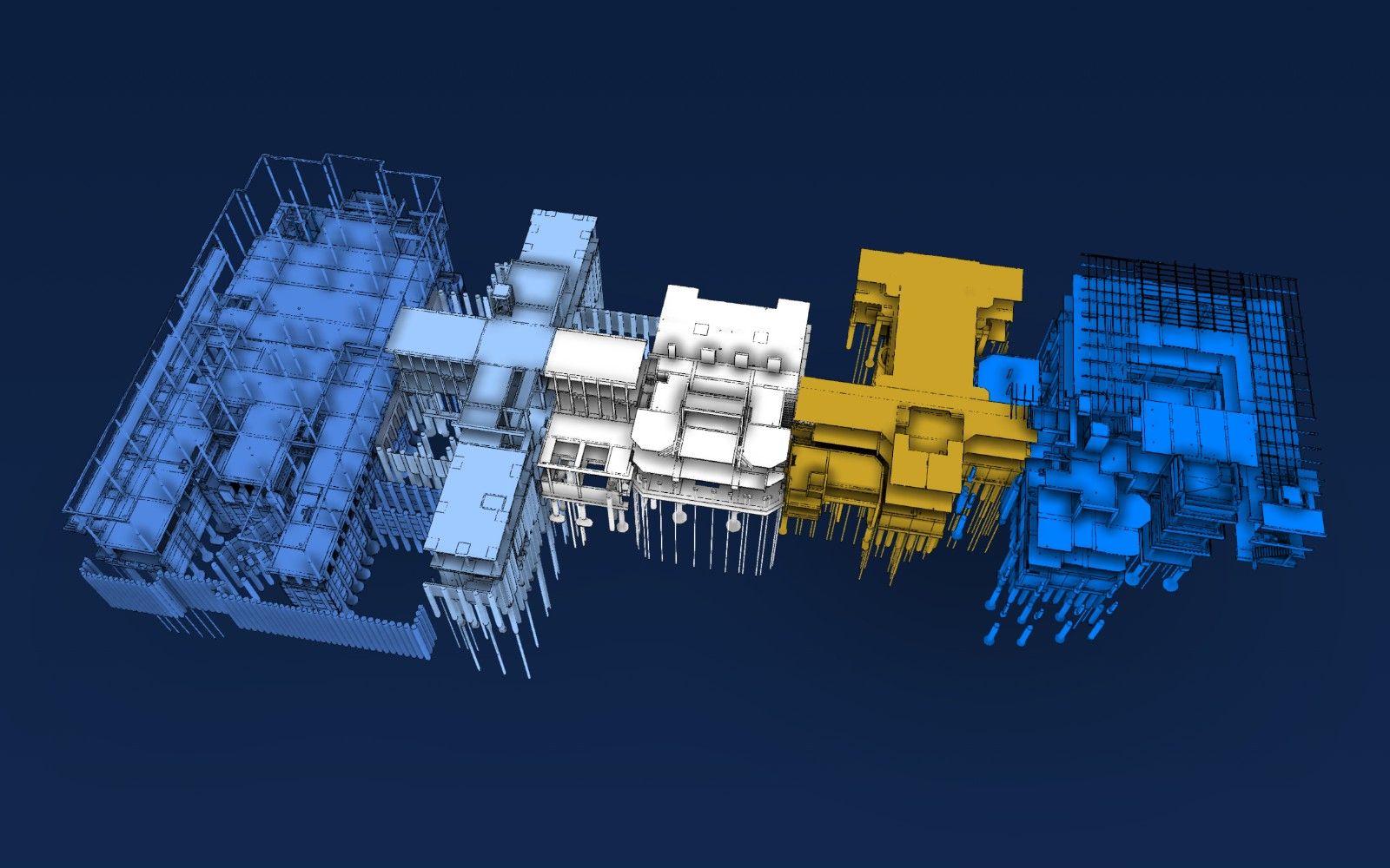 Modelo 3D da Cidade Matarazzo visto de cima, com os blocos A a E em cores diferentes