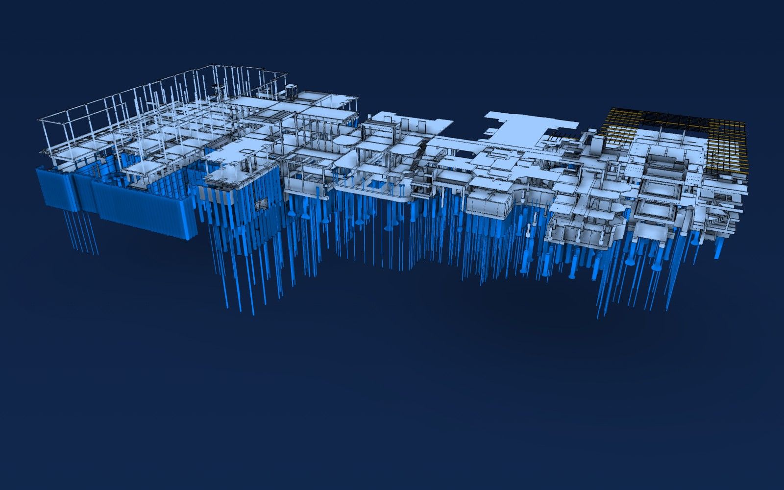 Modelo 3D da Cidade Matarazzo colorido por disciplina: fundação, estrutura de concreto, estrutura metálica e elétrica
