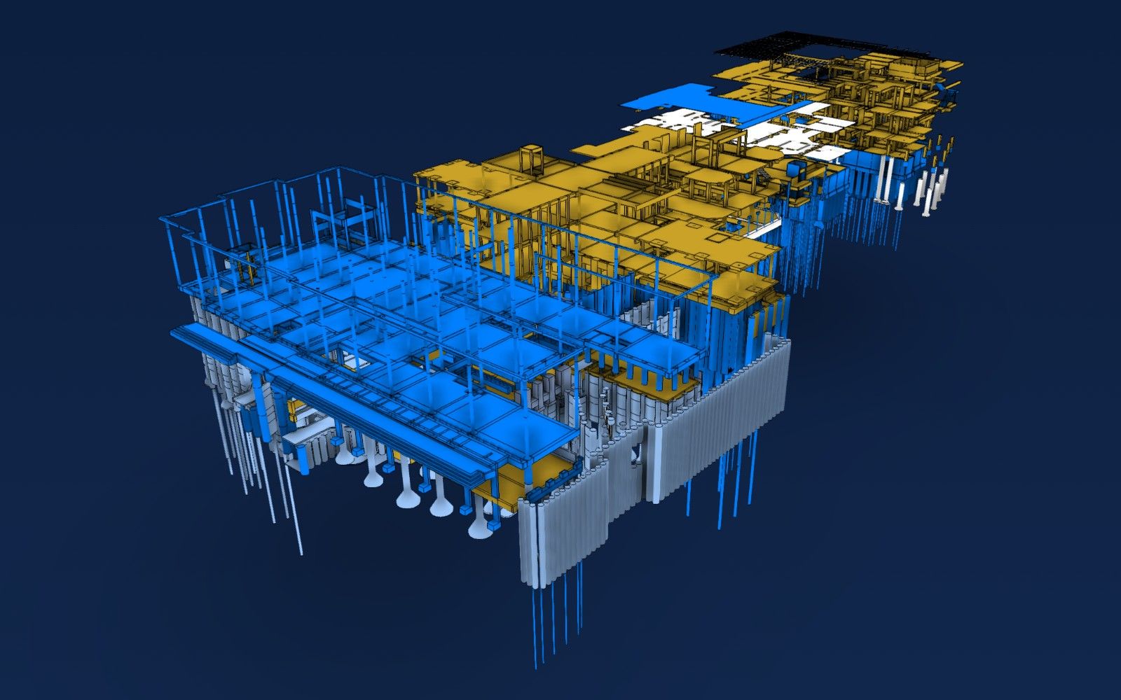 Modelo 3D da Cidade Matarazzo colorido pela fase do projeto: liberado para obra, executivo e pré-executivo