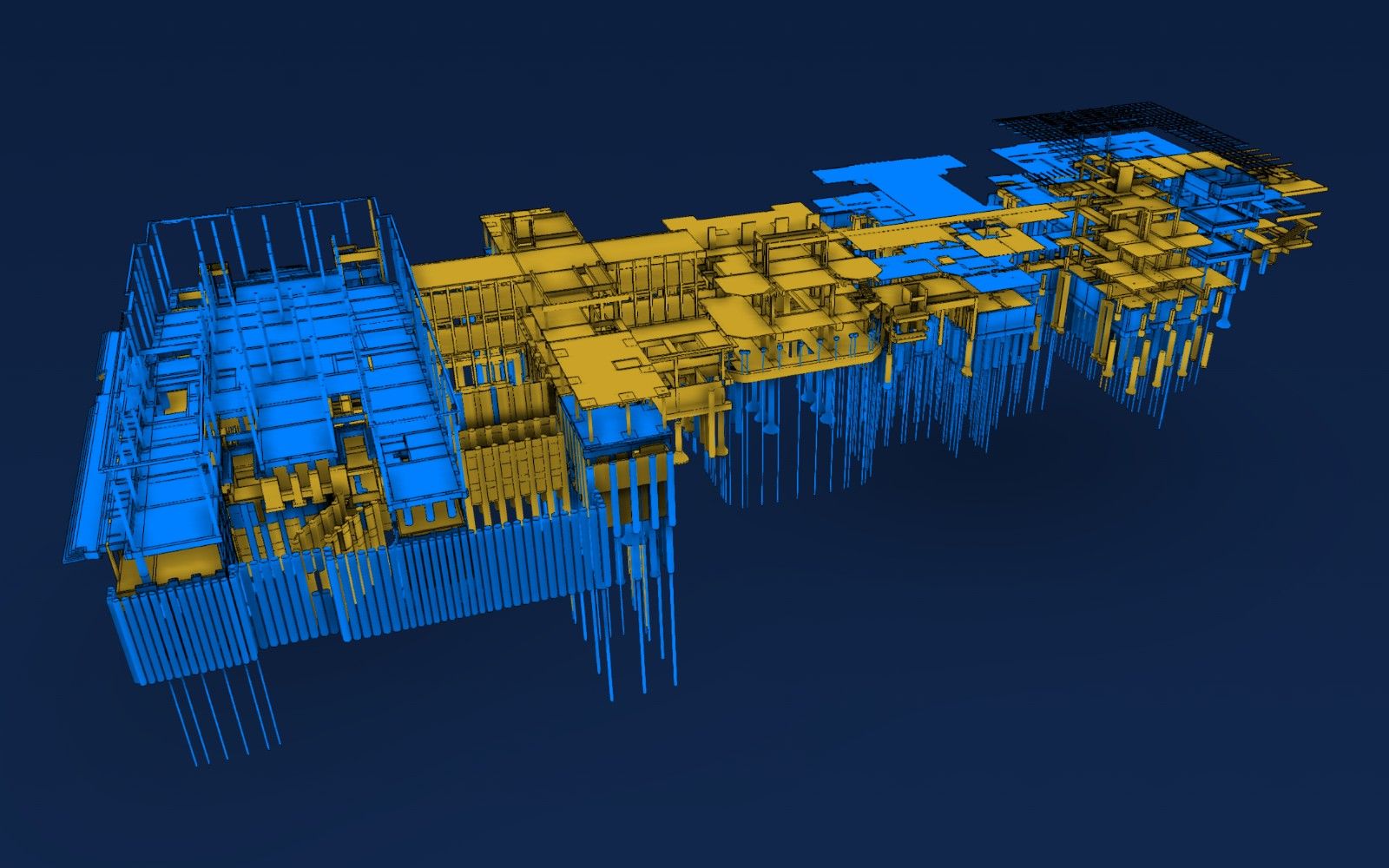 Modelo 3D da Cidade Matarazzo colorido pelo status de obra: azul para o que já foi executado e dourado para o que falta